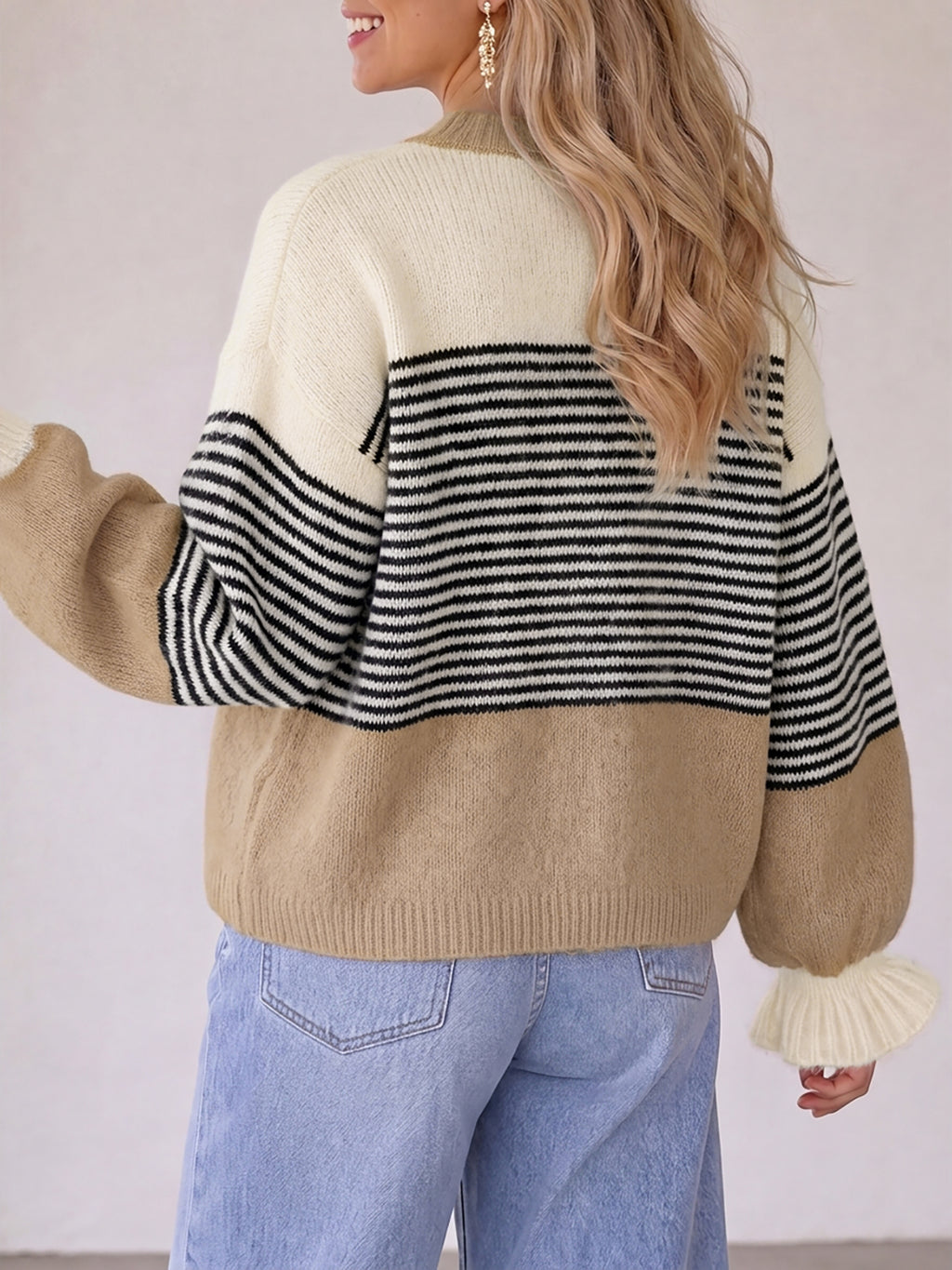 Saodimallsu Womens Striped Ruffle Sleeve Cardigan Coats