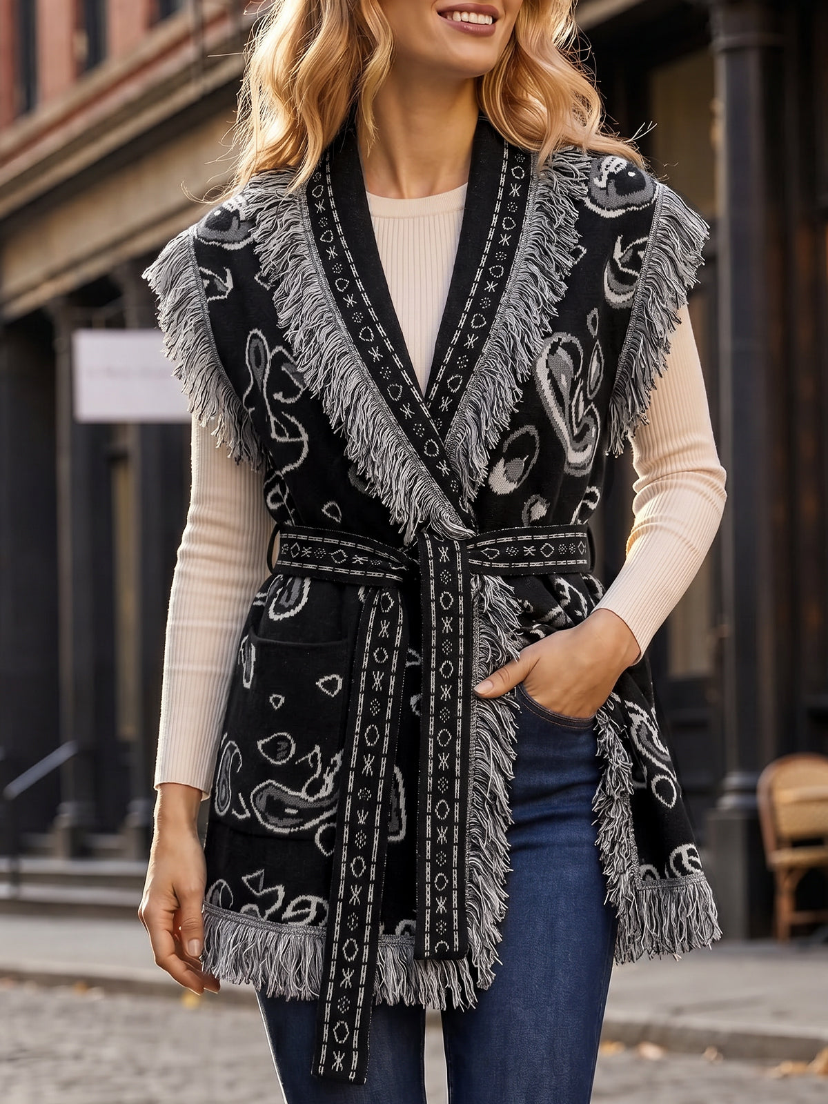 Saodimallsu Women Fringe Knit Cardigan