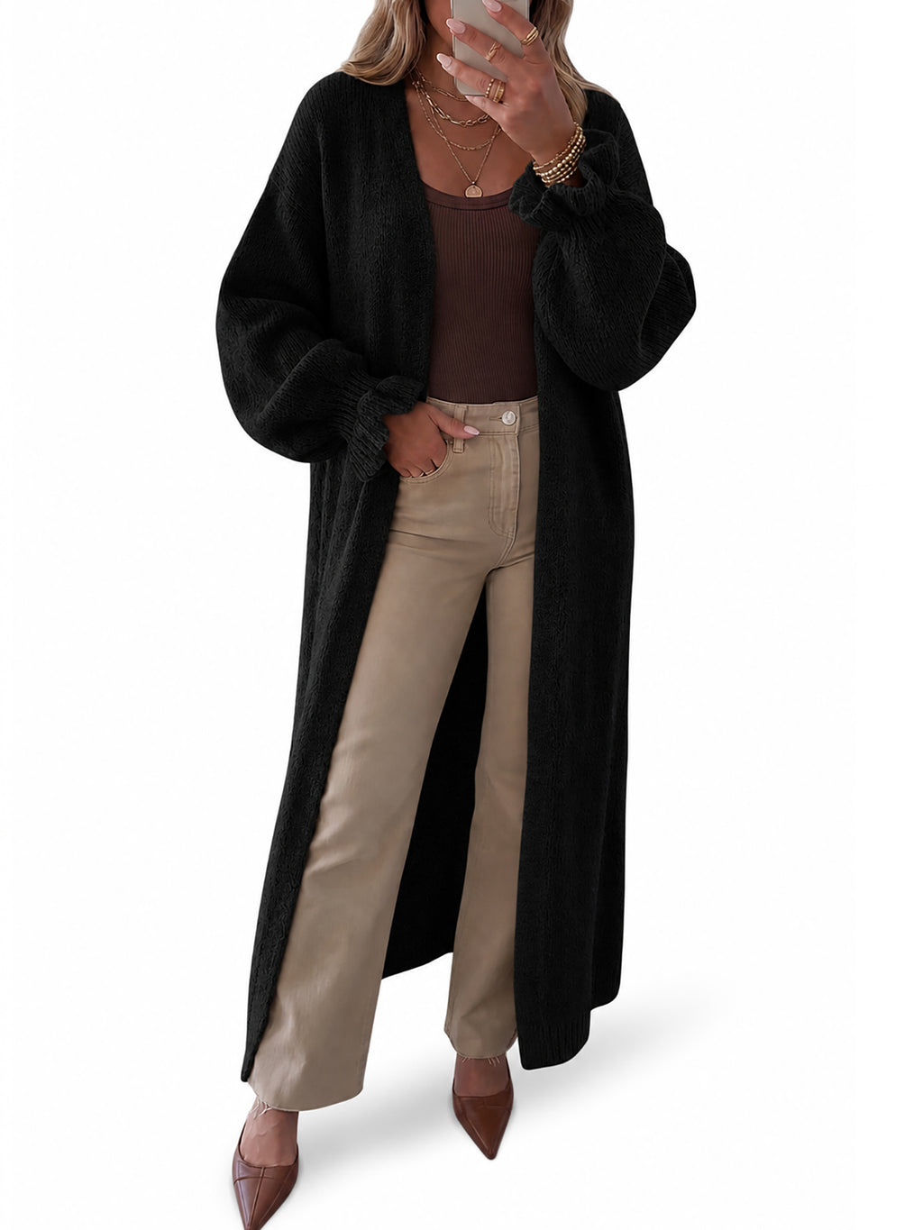 Saodimallsu Womens Ruffle Long Knit Cardigan