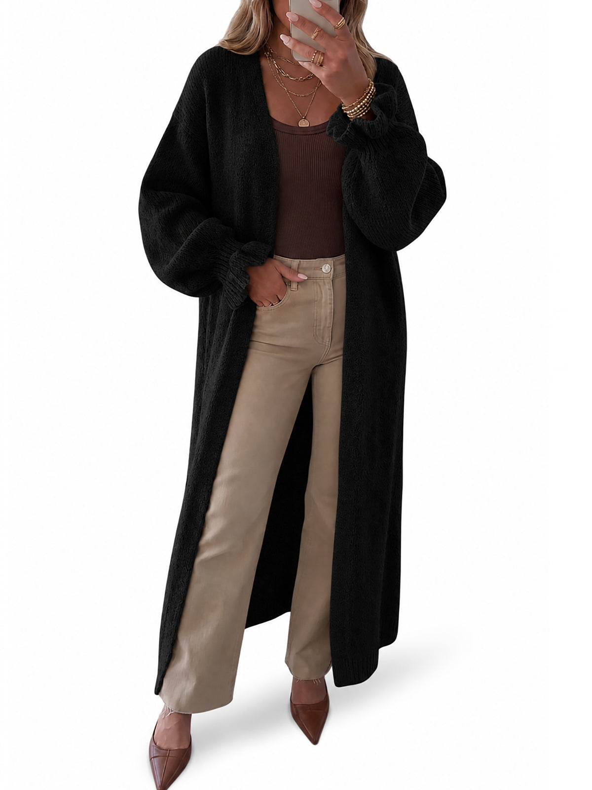 Saodimallsu Womens Ruffle Long Knit Cardigan