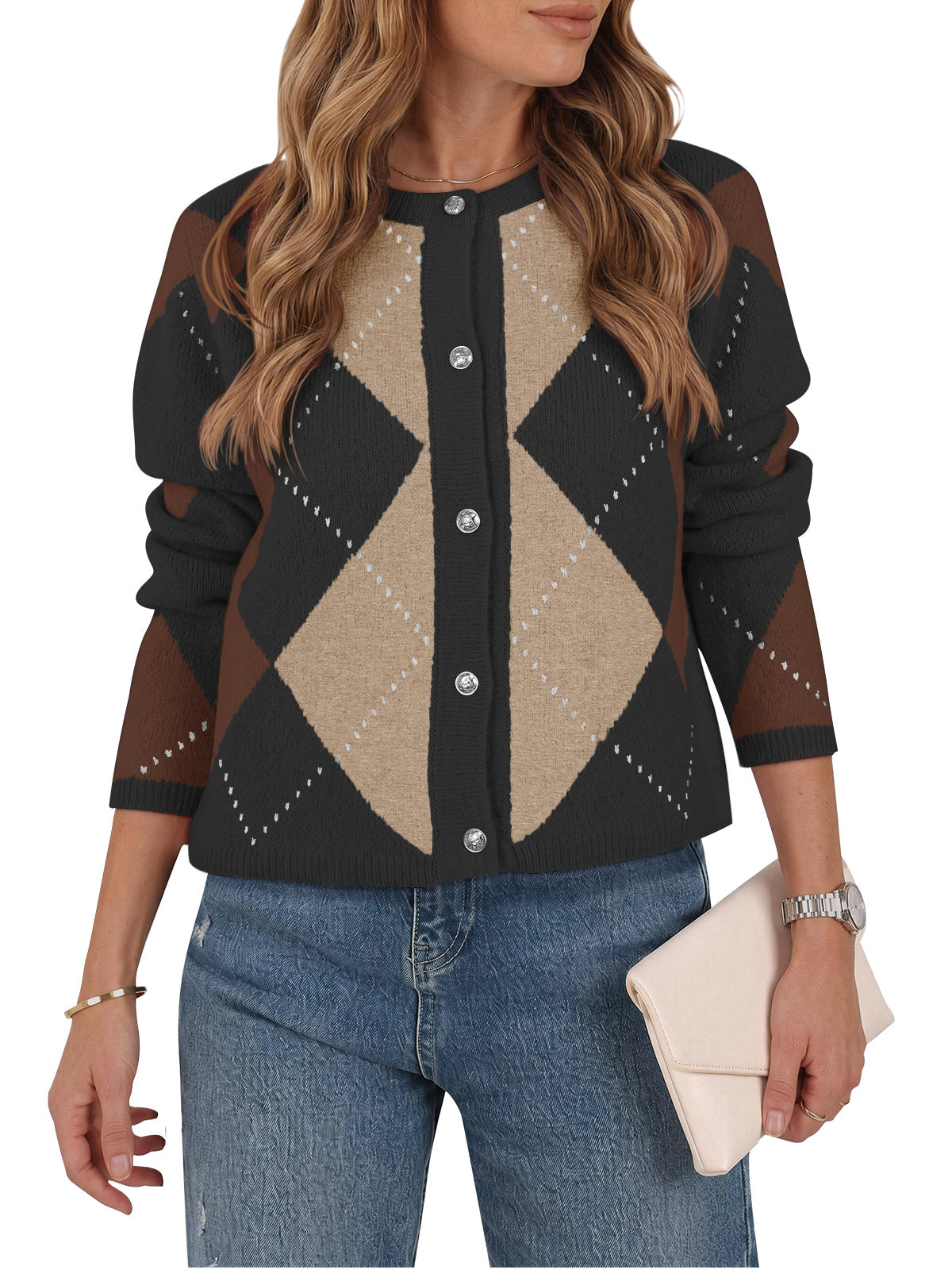 Saodimallsu Womens Argyle Crew Neck Knit Cardigan