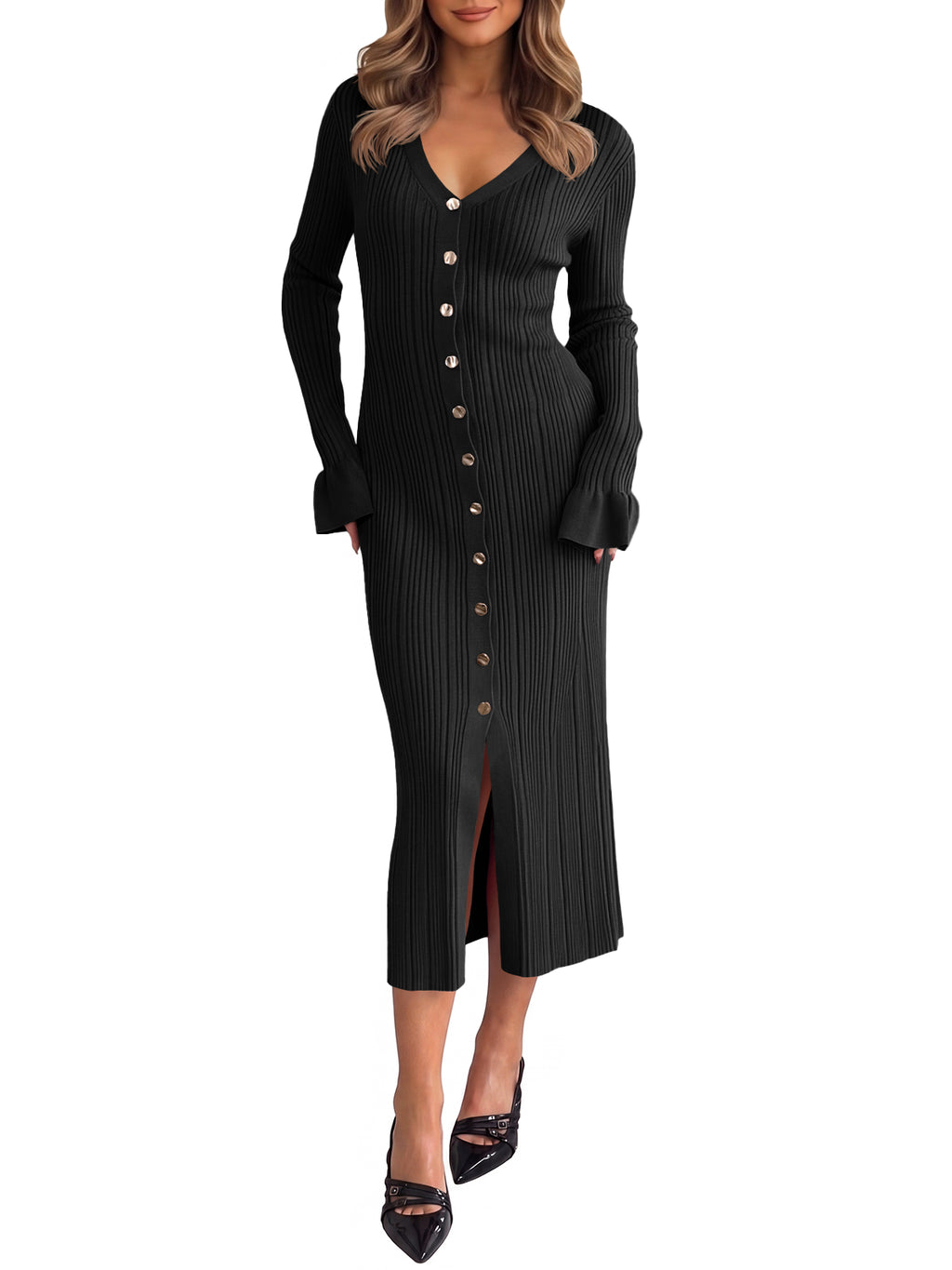 Saodimallsu Womens V Neck Midi Sweater Dress