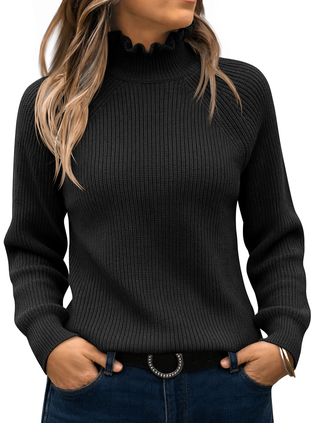 Saodimallsu Womens Ruffle Mock Neck Sweater