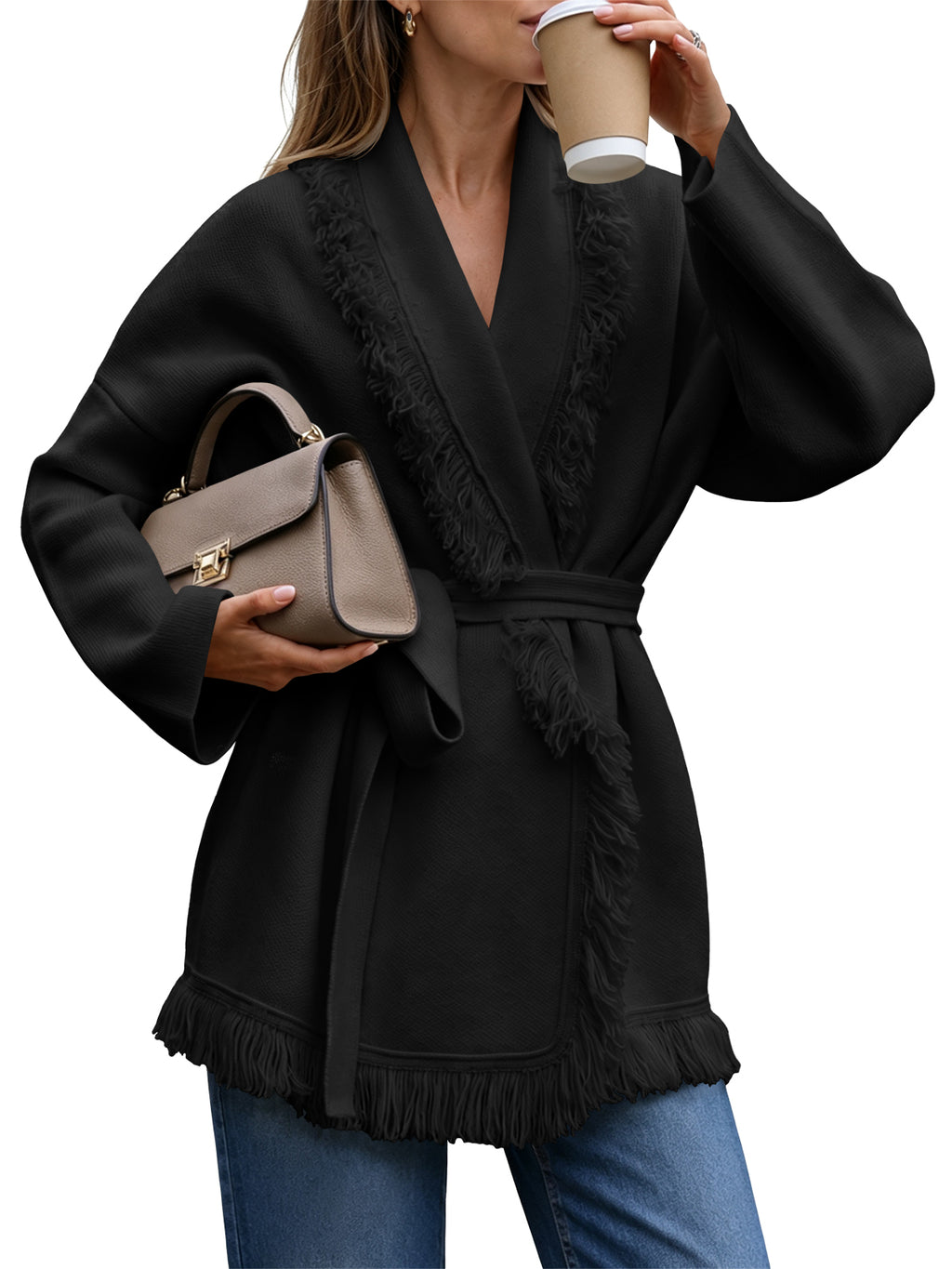 Saodimallsu Womens Tassel Fringe Lapel Cardigan