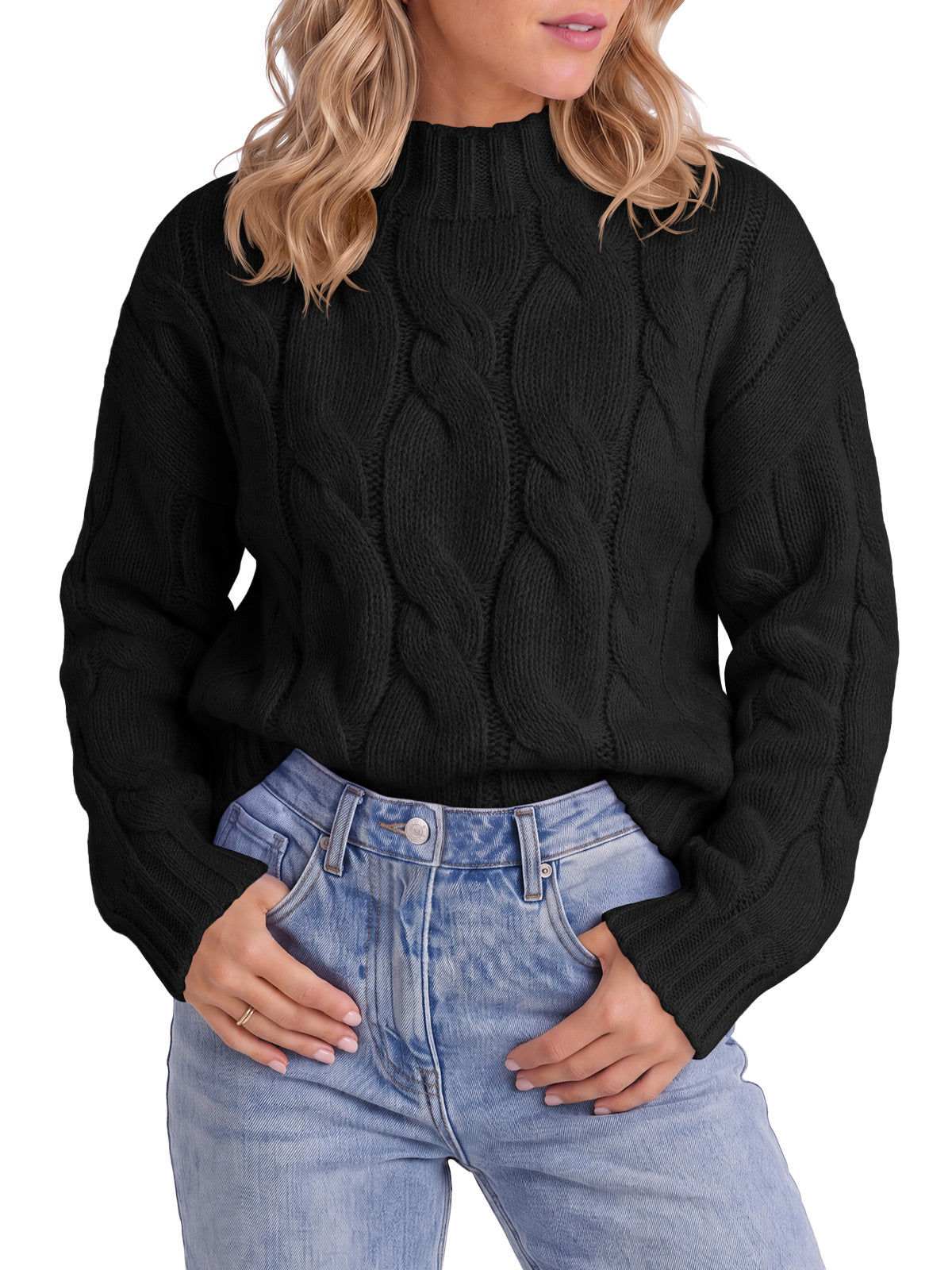 Saodimallsu Womens Mock Neck Cable Knit Sweater