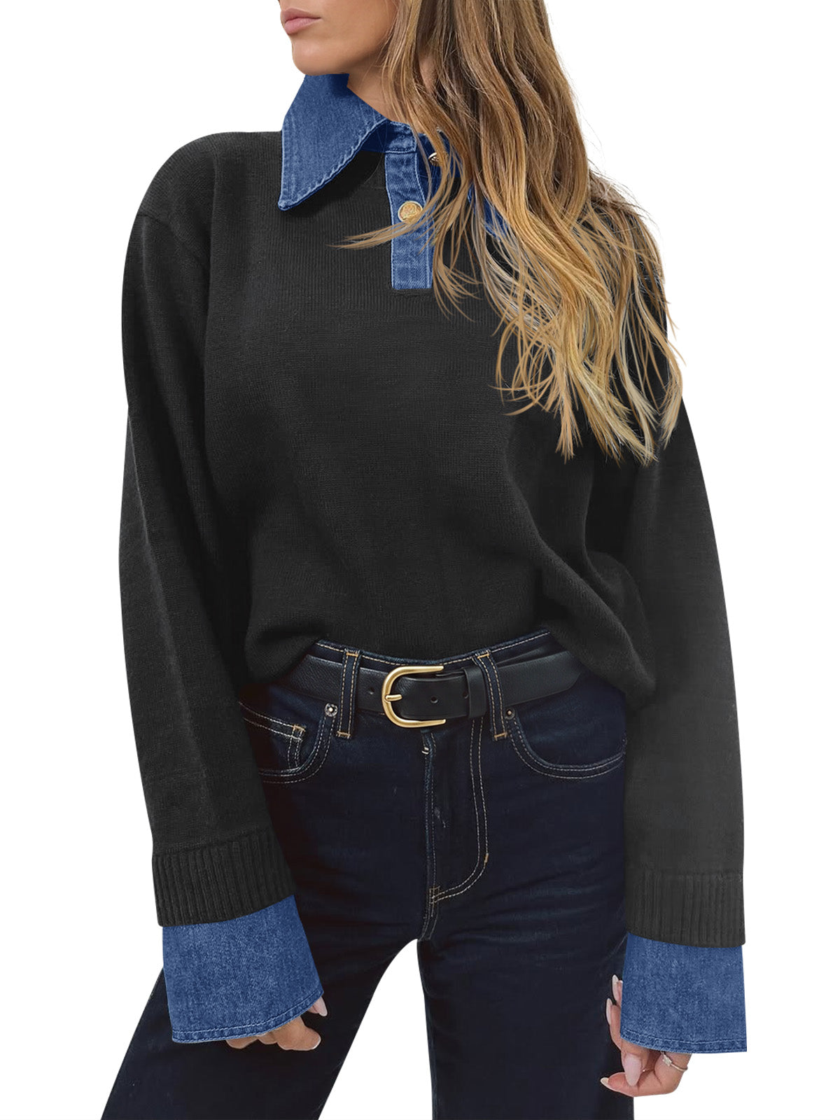 Saodimallsu Women Denim Patchwork V Neck Sweater Tops