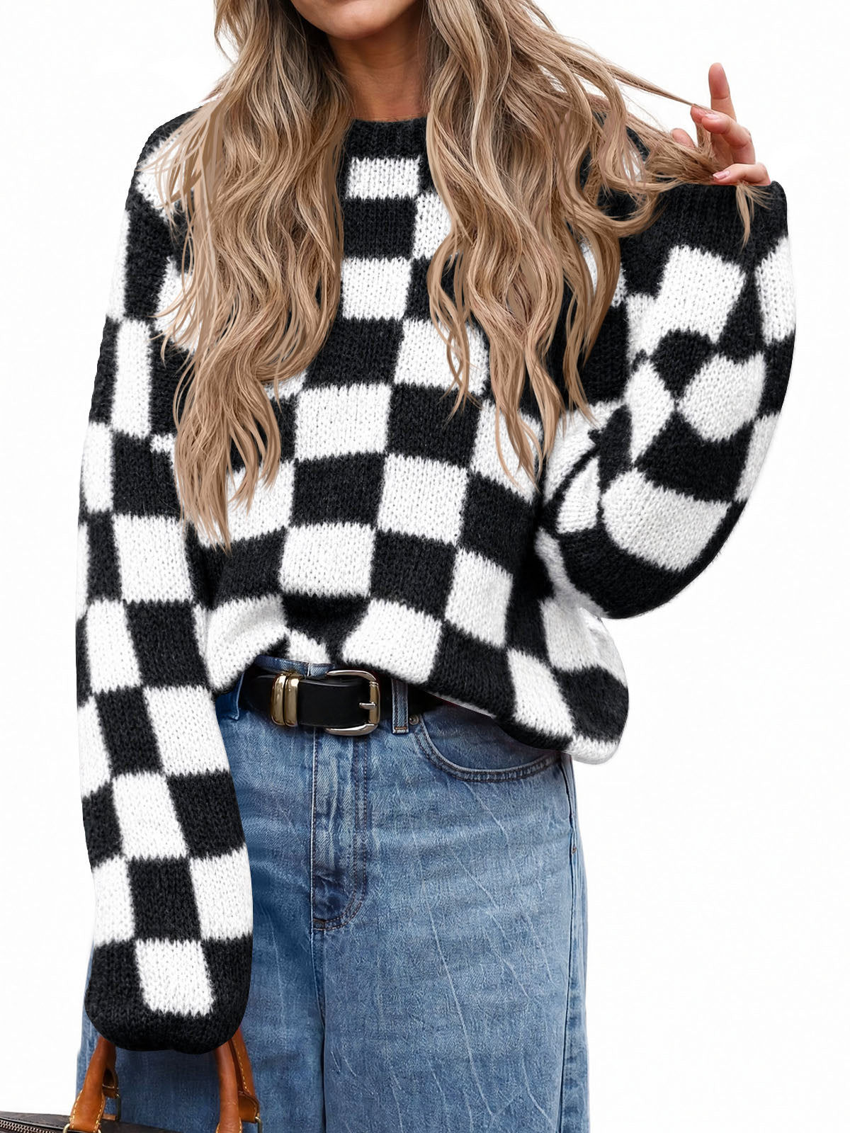Saodimallsu Womens Checkered Fuzzy Sweaters