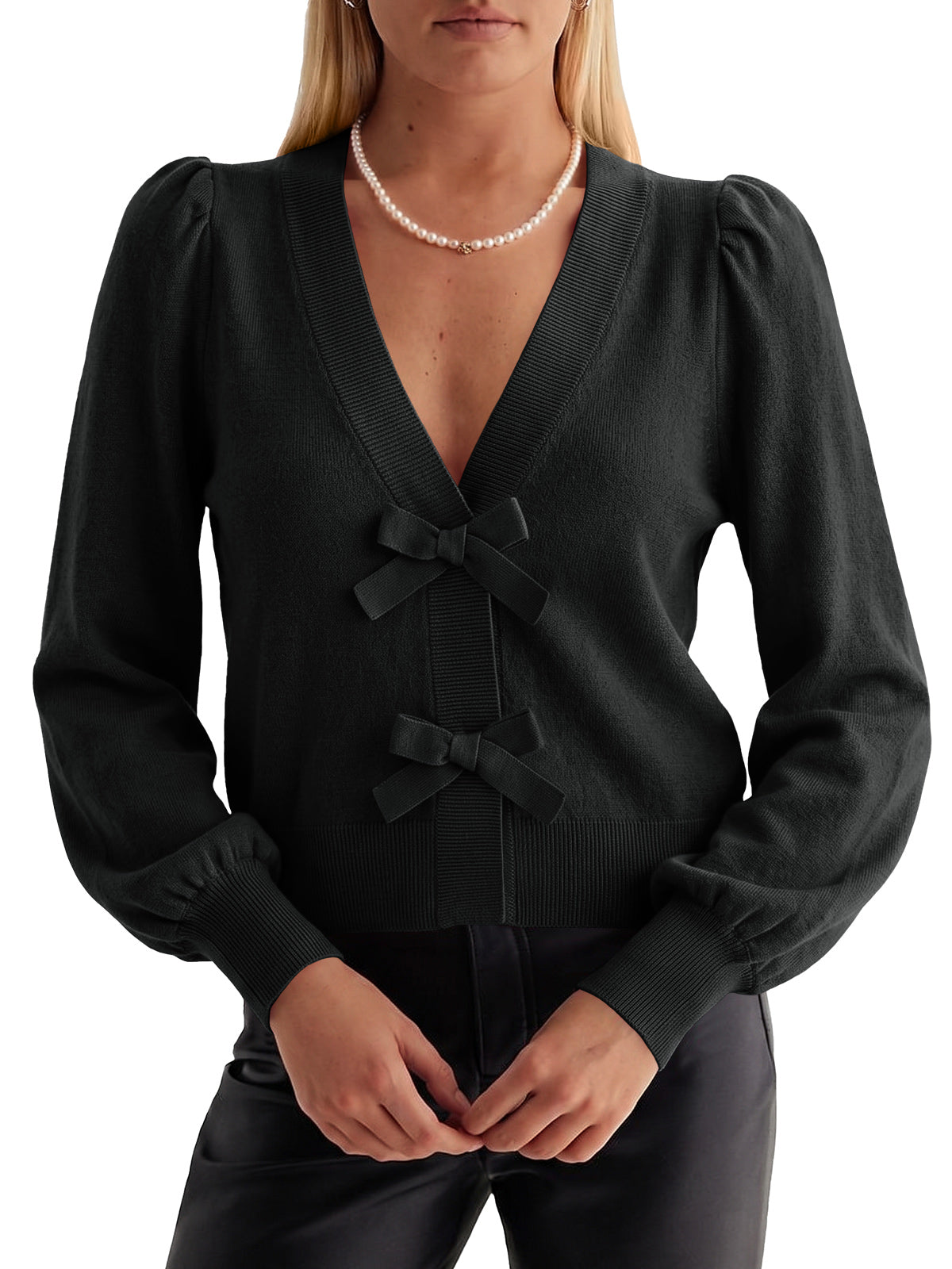 Saodimallsu Women V Neck Bow Knit Cardigan