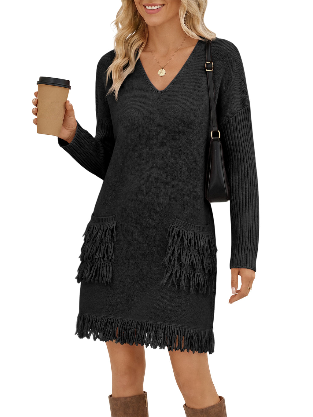 Saodimallsu Womens V Neck Sweater Dress