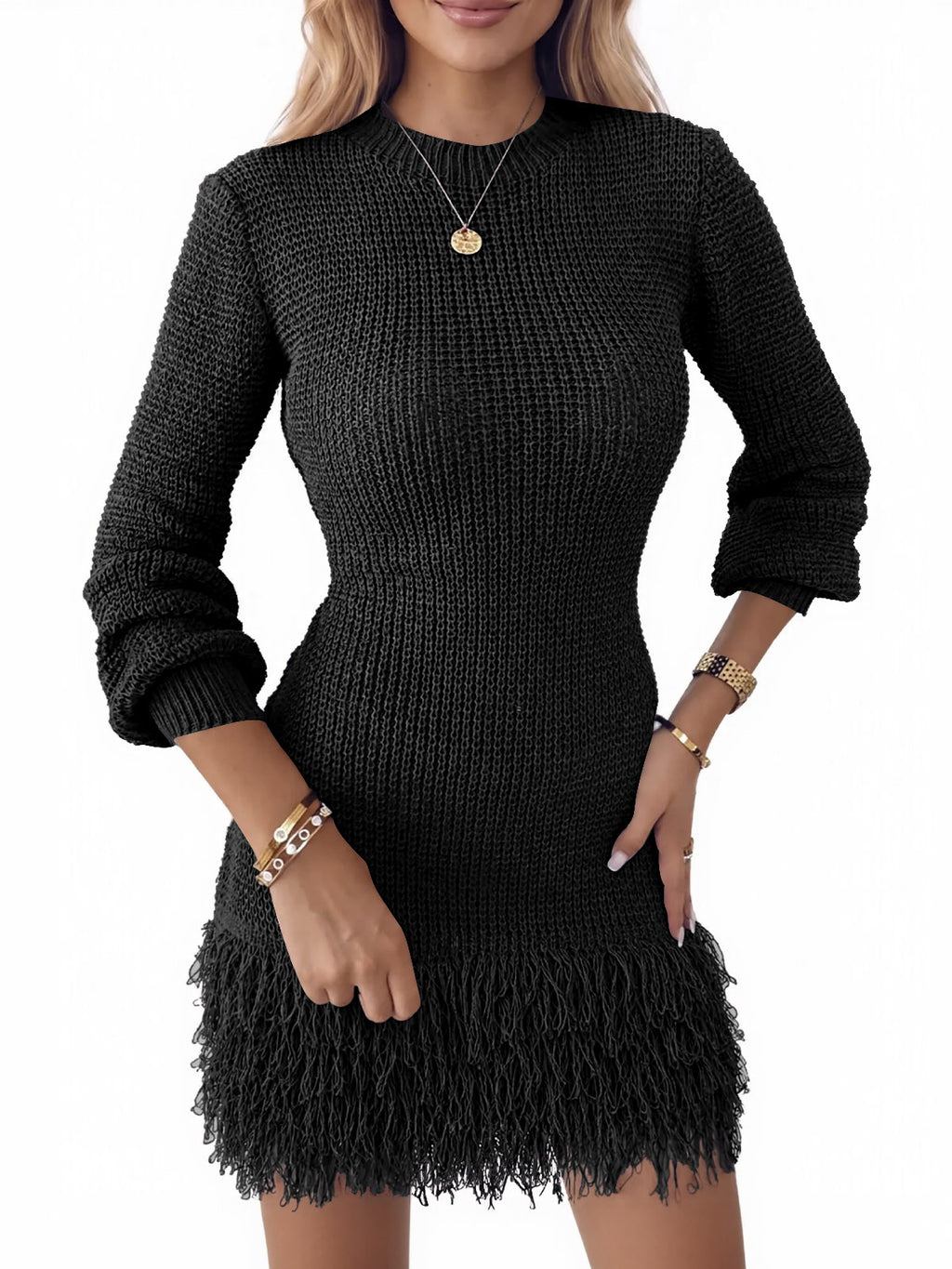 Saodimallsu Womens Fringe Waffle Knit Sweater Dress
