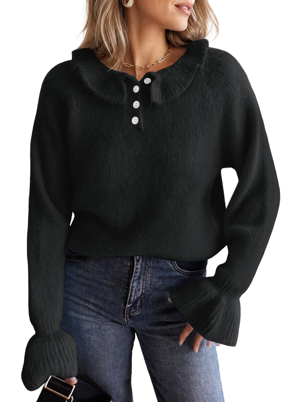 Saodimallsu Women Ruffle Collared Long Sleeve Sweater