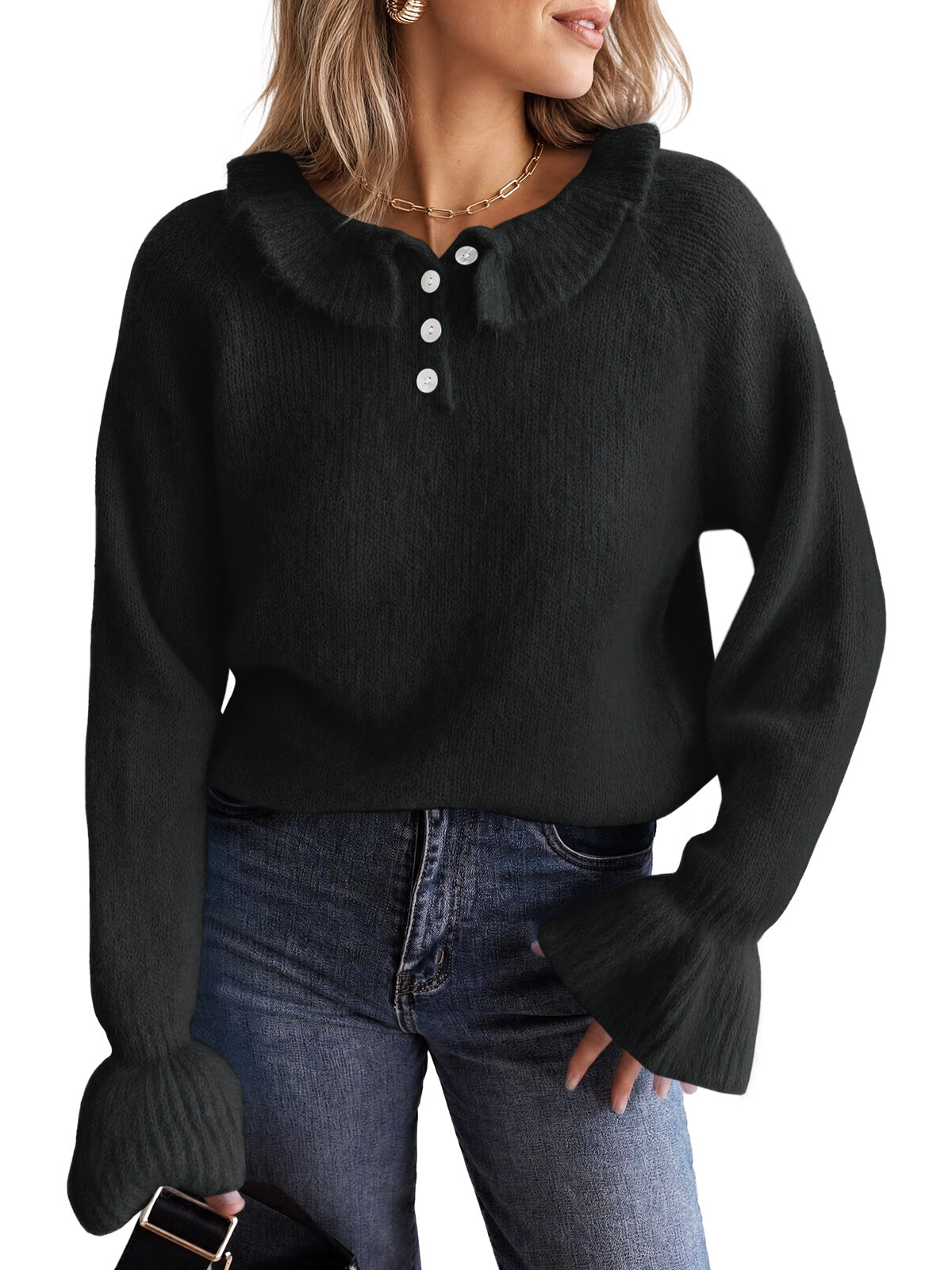 Saodimallsu Women Ruffle Collared Long Sleeve Sweater