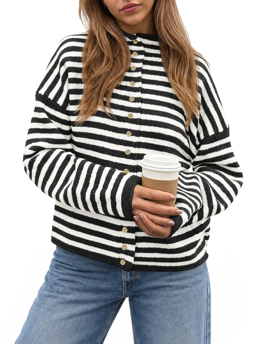 Saodimallsu Womens Striped Mock Neck Cardigan