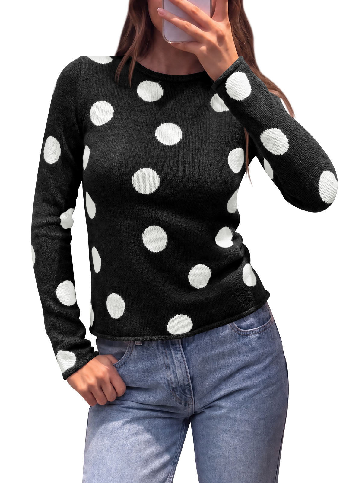 Saodimallsu Womens Polka Dot Long Sleeve Sweater