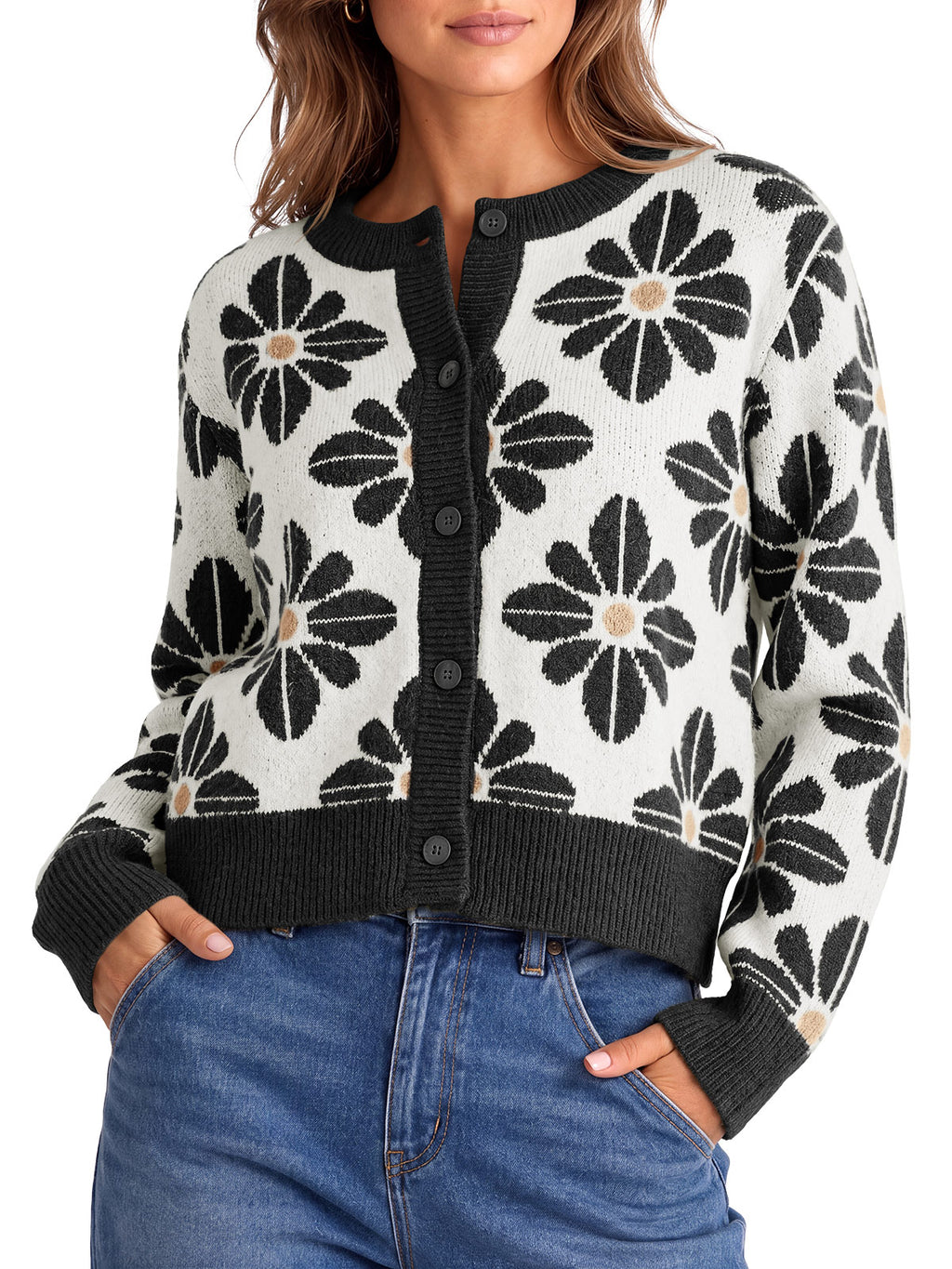 Saodimallsu Womens Floral Button Up Vintage Sweater