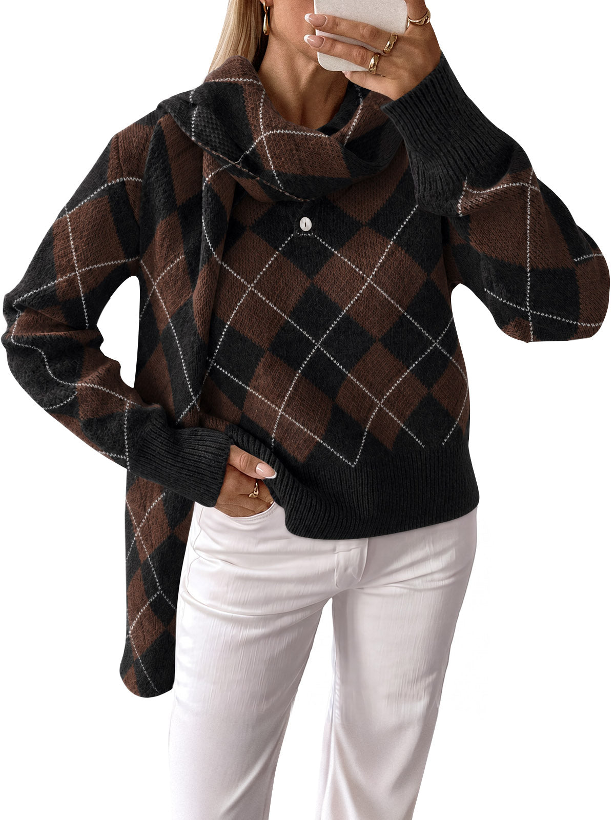 Saodimallsu Womens Argyle Color Block Polo Sweater