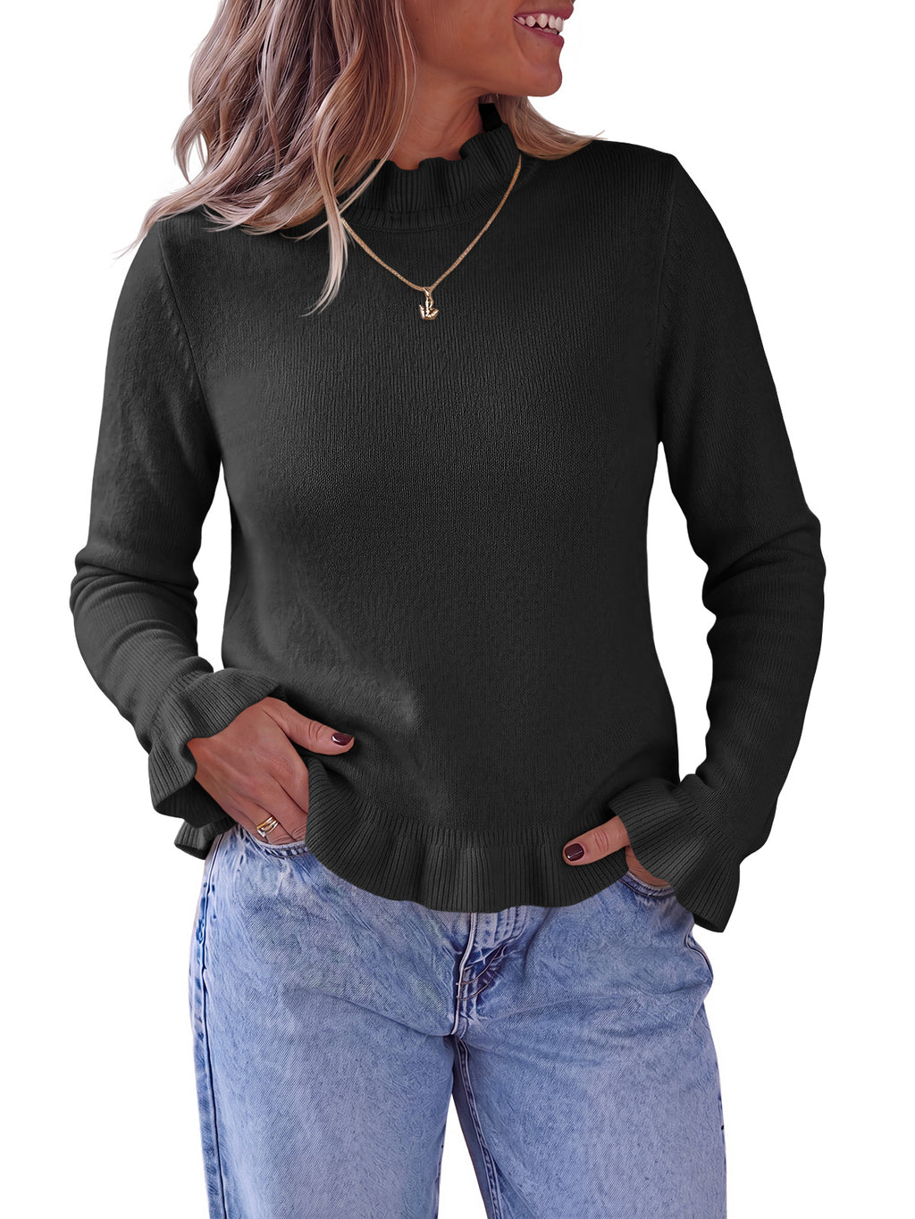 Saodimallsu Women Ruffle Mock Neck Knit Sweater