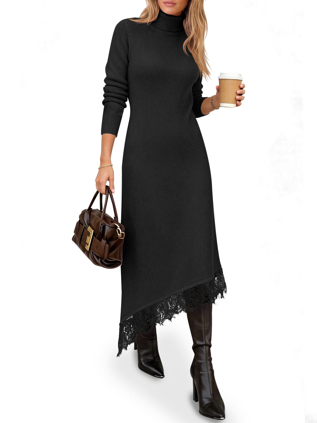 Saodimallsu Womens Lace Turtleneck Sweater Dress