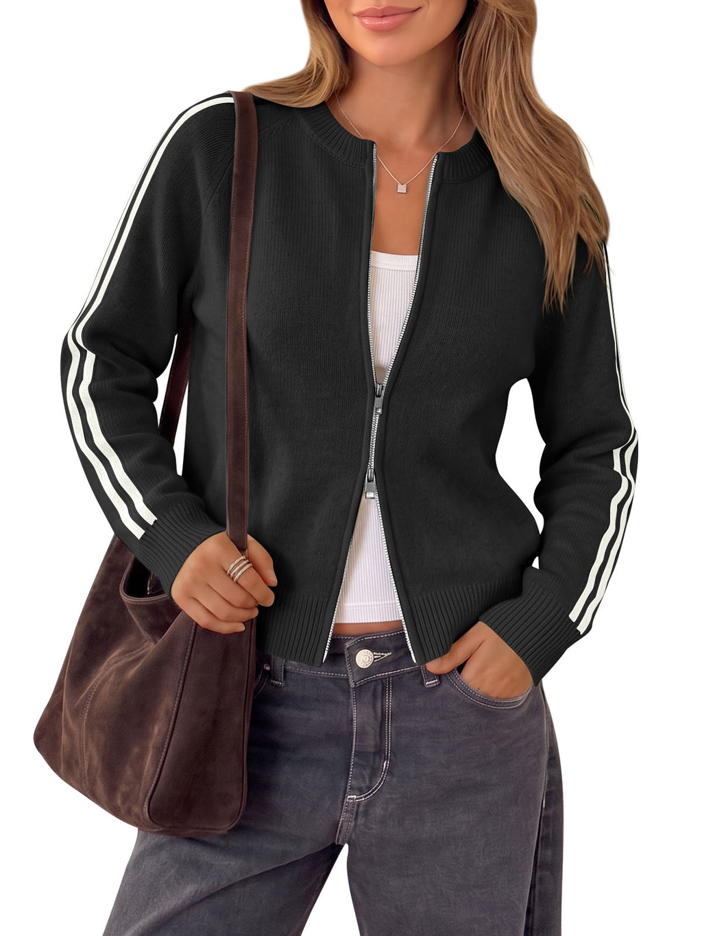 Saodimallsu Womens Zip Up Crew Neck Cardigan
