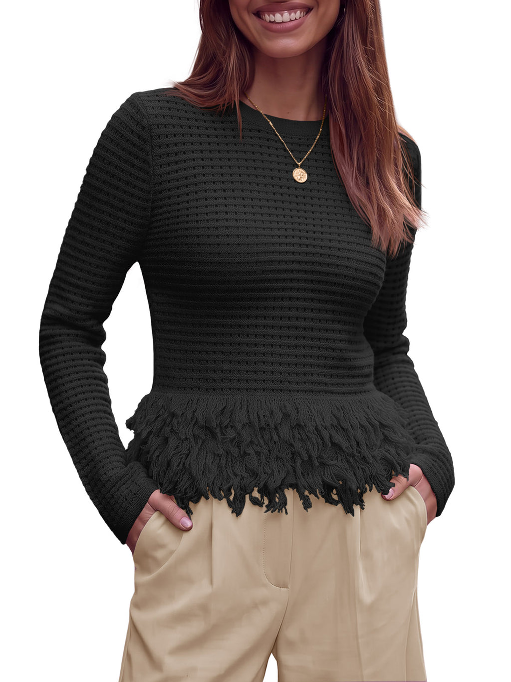 Saodimallsu Womens Crochet Fringe Crew Neck Sweater