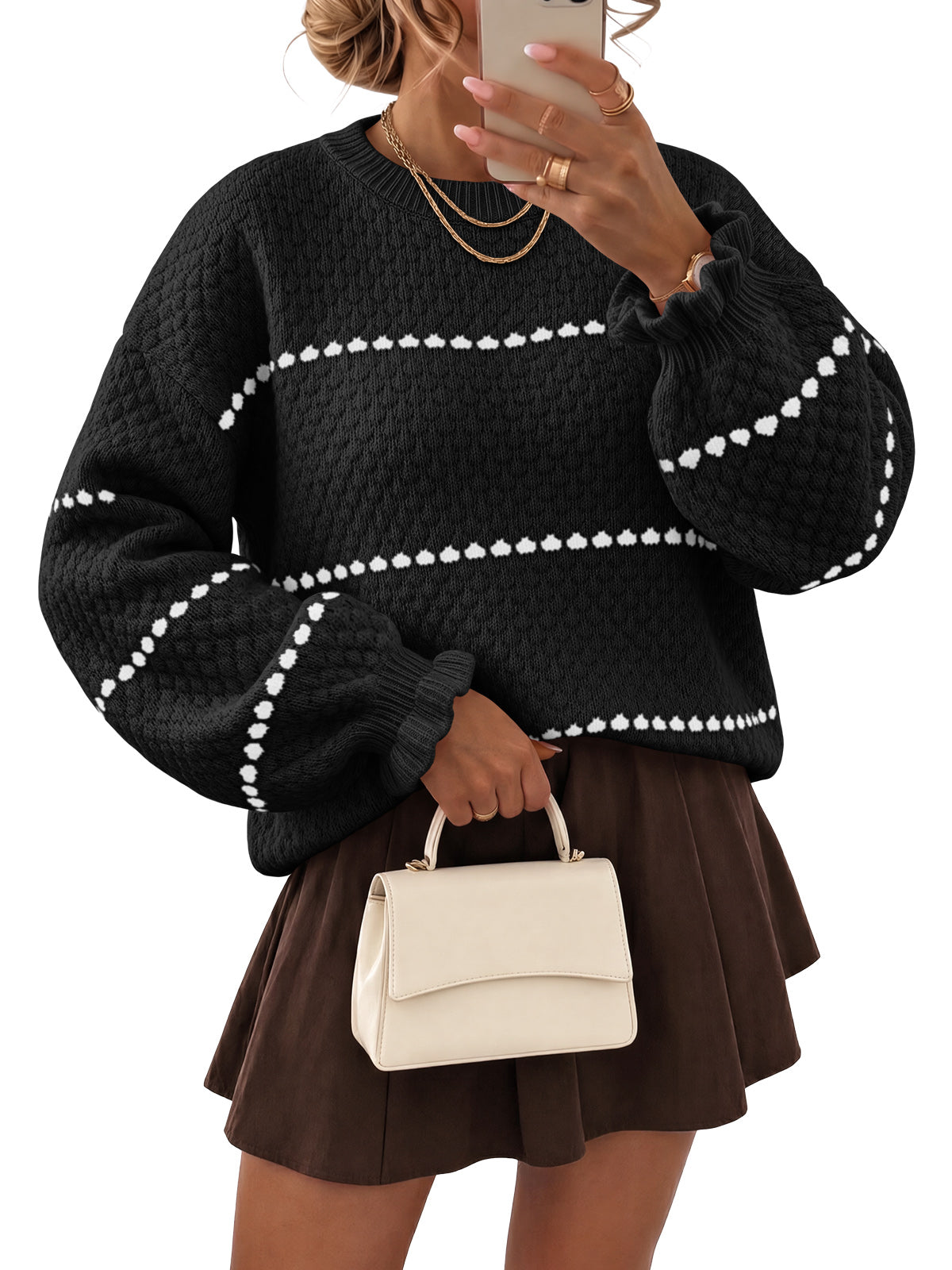 Saodimallsu Womens Heart Striped Ruffle Sweaters