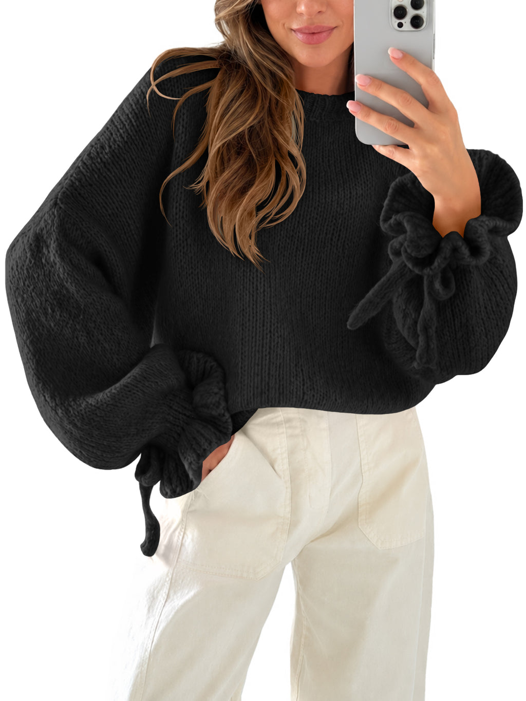Saodimallsu Women Ruffle Long Sleeve Knit Sweater