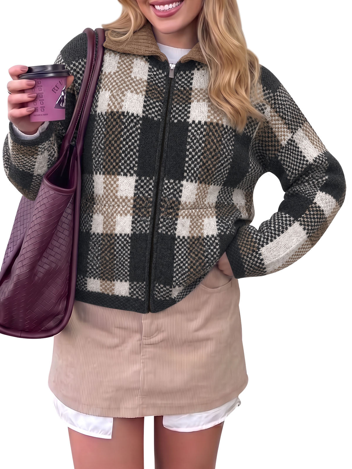 Saodimallsu Womens Plaid Color Block Zip Cardigan