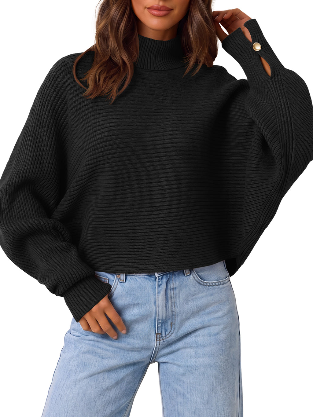 Saodimallsu Womens Batwing Sleeve Knit Turtleneck Sweater