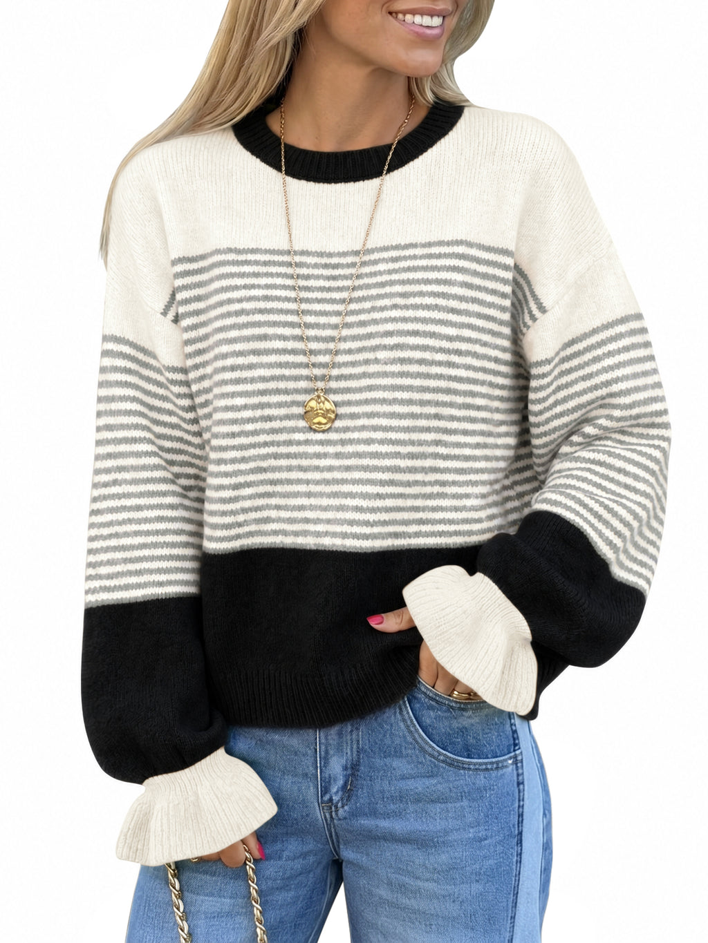 Saodimallsu Women Ruffle Sleeve Sweater