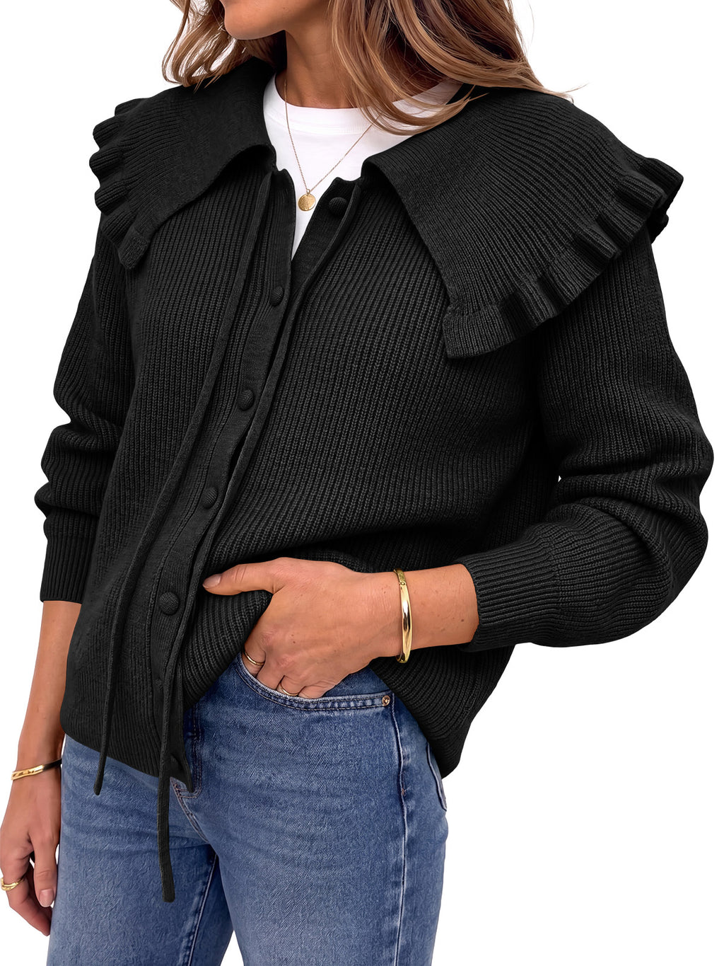 Saodimallsu Women Ruffle Collar Knit Cardigan