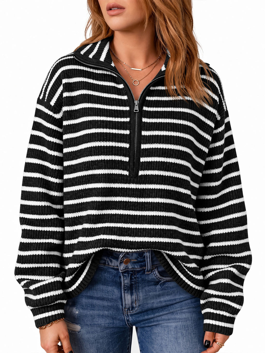 Saodimallsu Womens Striped Half Zip Sweater
