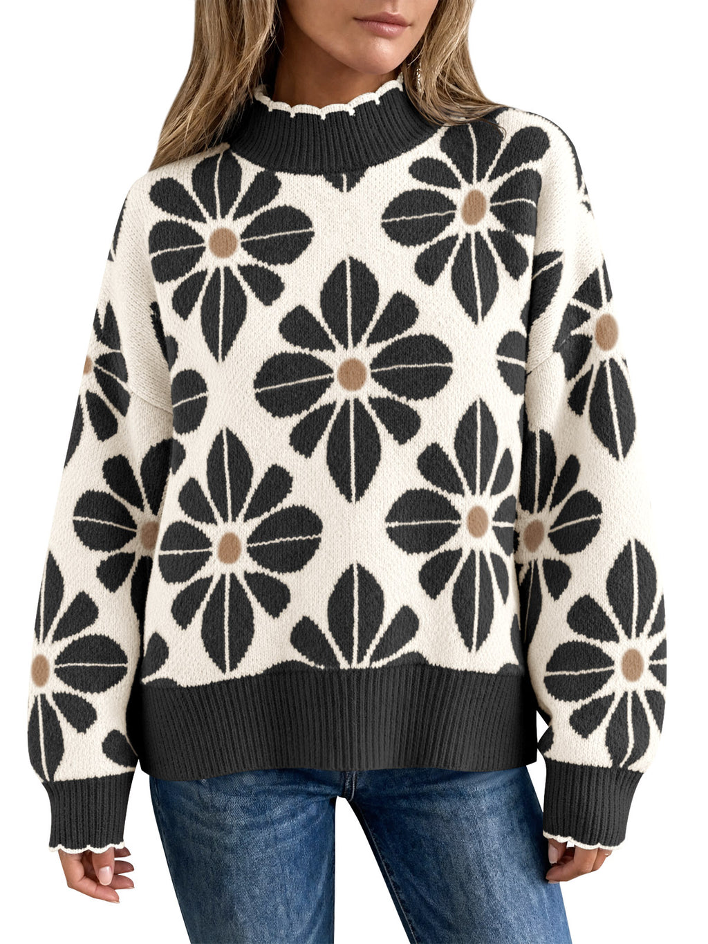 Saodimallsu Womens Mock Neck Floral Knit Sweater