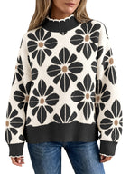 Saodimallsu Womens Mock Neck Floral Knit Sweater