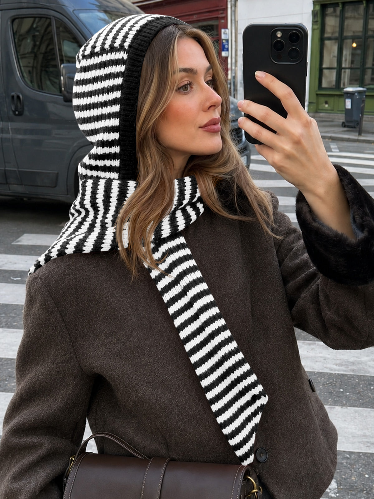 Saodimallsu Womens Striped Hooded Scarf Knit Hat