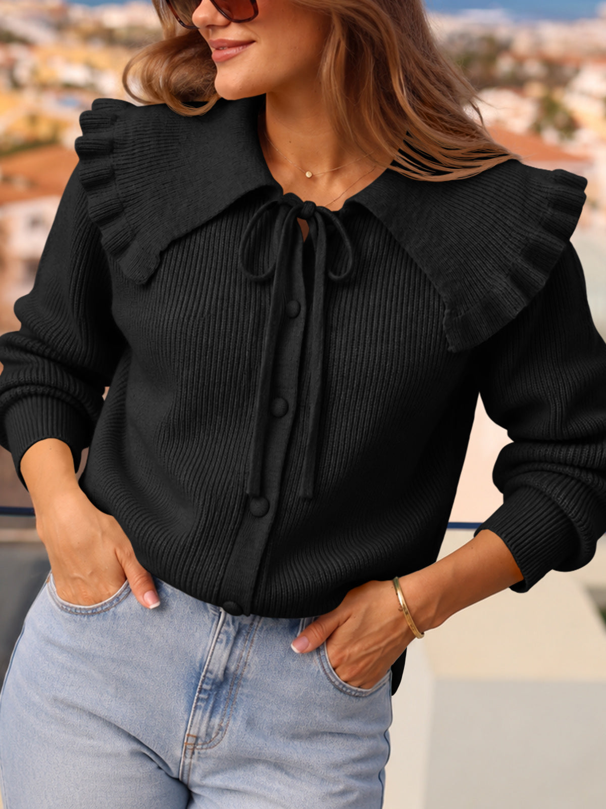 Saodimallsu Women Ruffle Collar Knit Cardigan