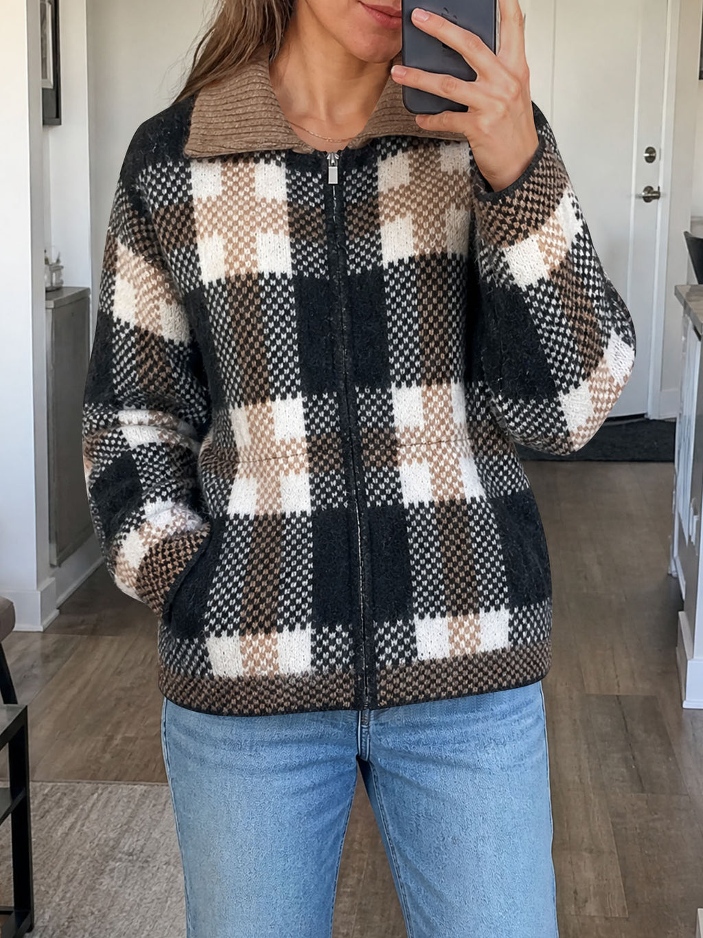 Saodimallsu Womens Plaid Color Block Zip Cardigan