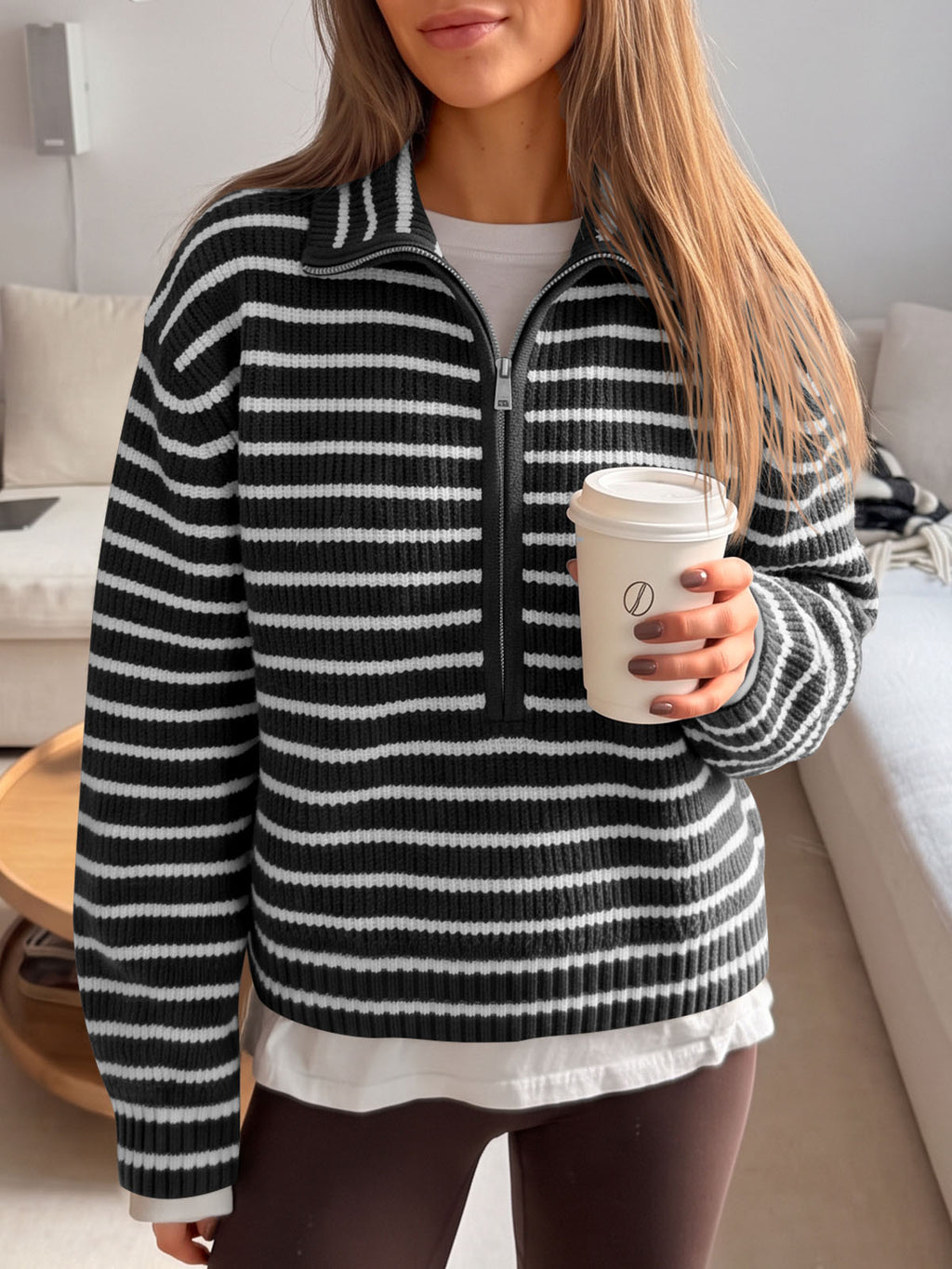 Saodimallsu Womens Striped Half Zip Sweater