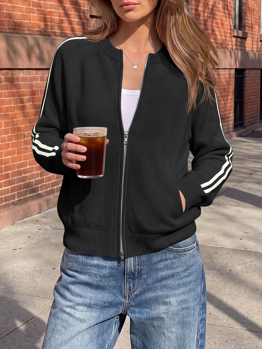 Saodimallsu Womens Zip Up Crew Neck Cardigan