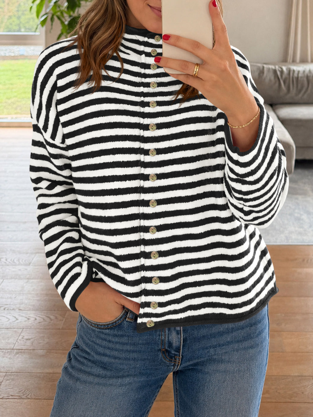 Saodimallsu Womens Striped Mock Neck Cardigan
