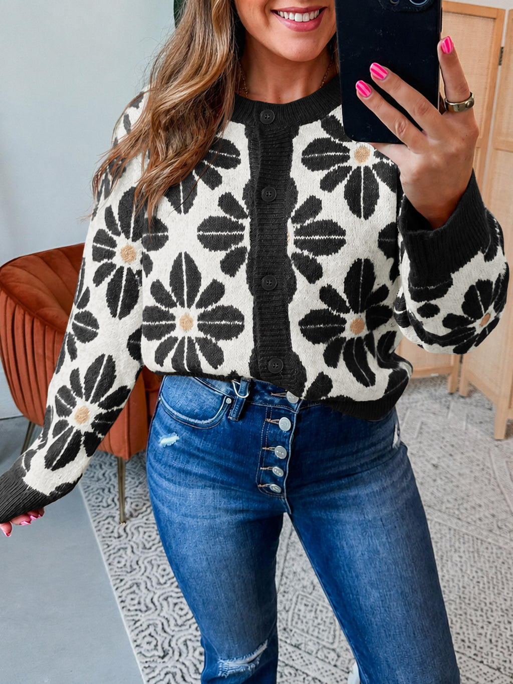 Saodimallsu Womens Floral Button Up Vintage Sweater