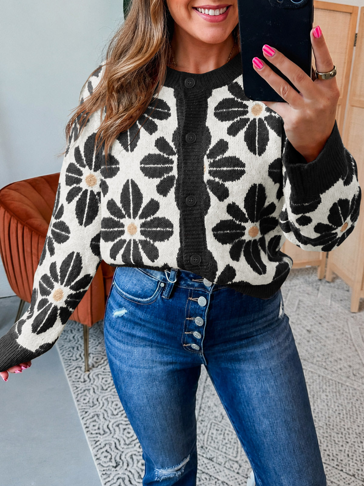 Saodimallsu Womens Floral Button Up Vintage Sweater