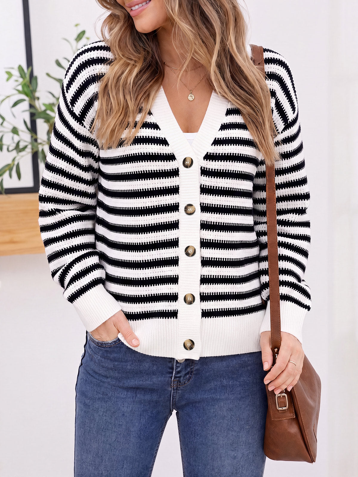 Saodimallsu Womens Striped V Neck Cardigan
