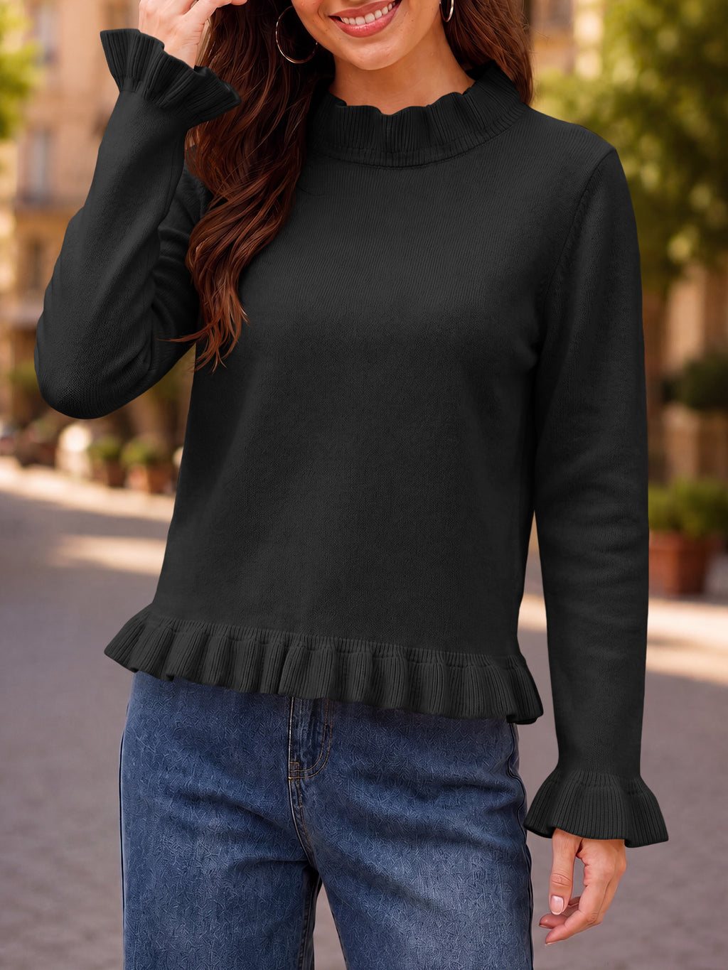 Saodimallsu Women Ruffle Mock Neck Knit Sweater