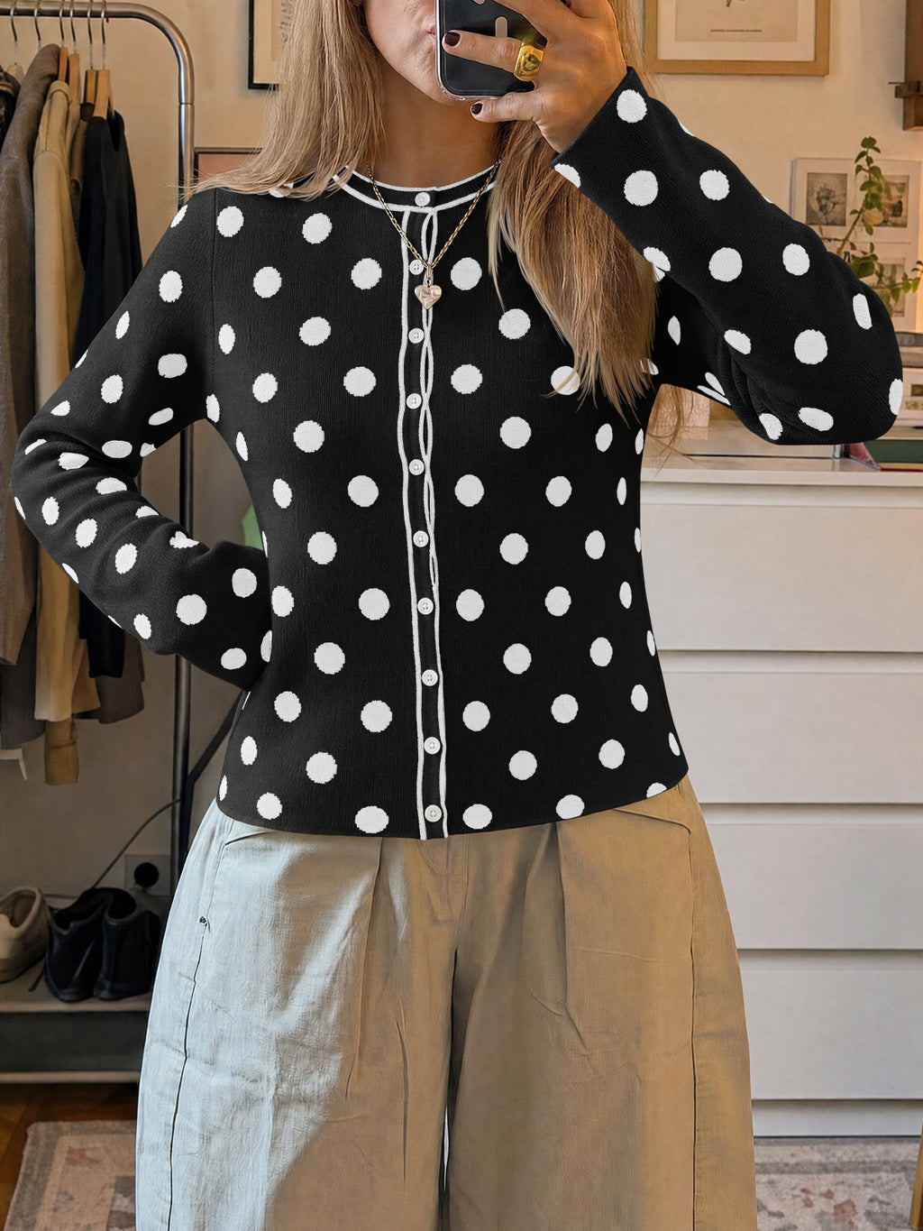 Saodimallsu Womens Polka Dot Button Up Cardigan