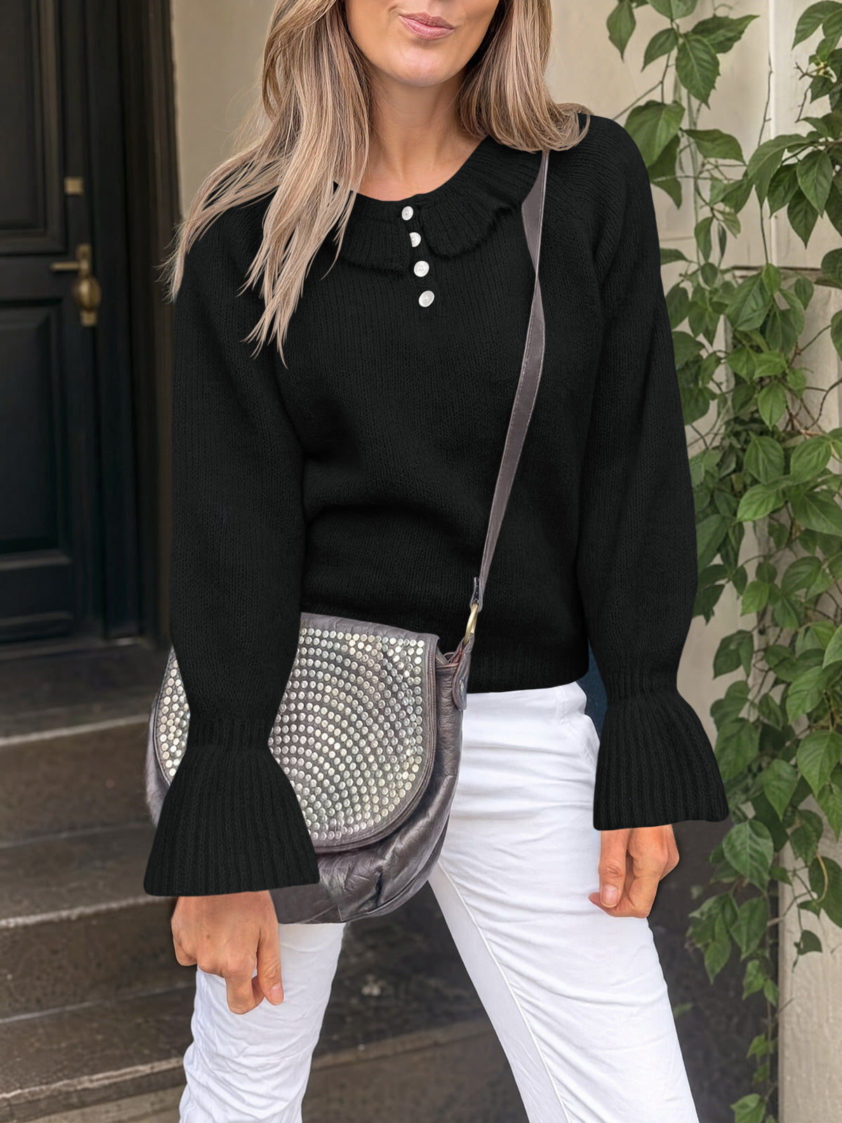 Saodimallsu Women Ruffle Collared Long Sleeve Sweater