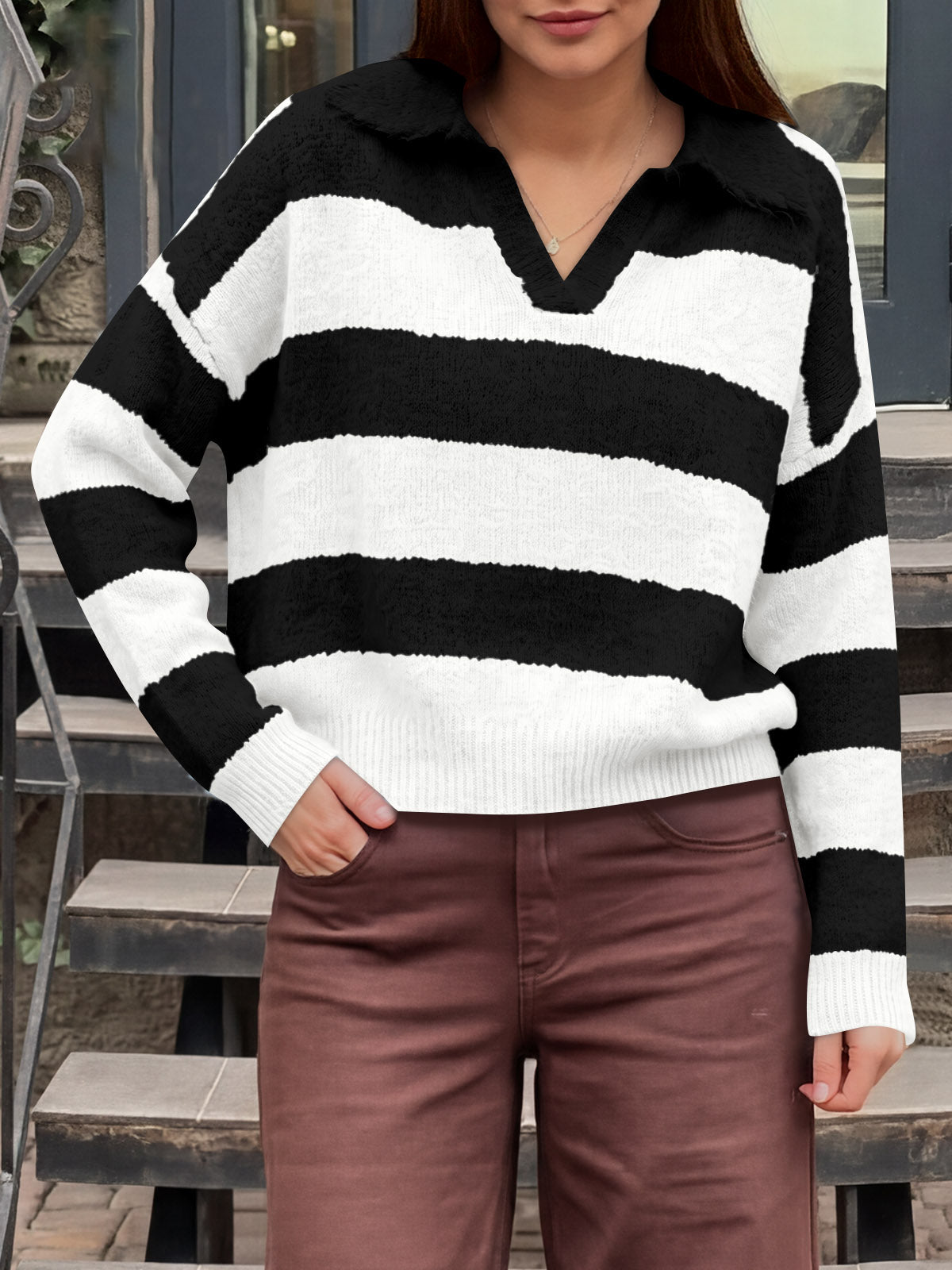 Saodimallsu Womens Striped Polo V Neck Sweaters