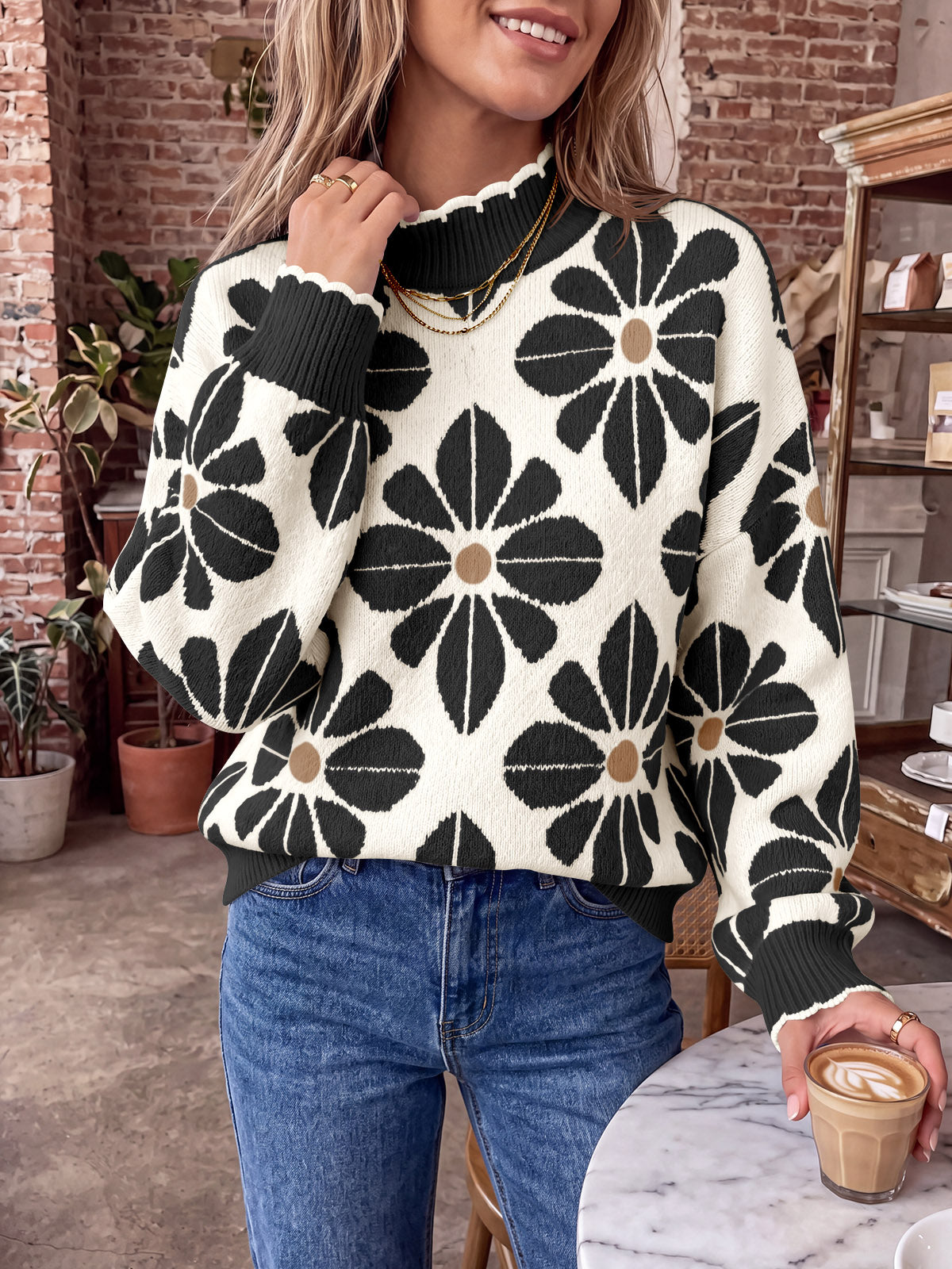Saodimallsu Womens Mock Neck Floral Knit Sweater