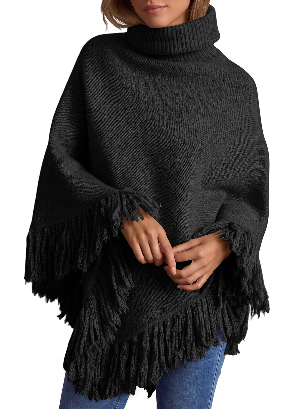 Saodimallsu Womens Fringe Turtleneck Poncho Sweater