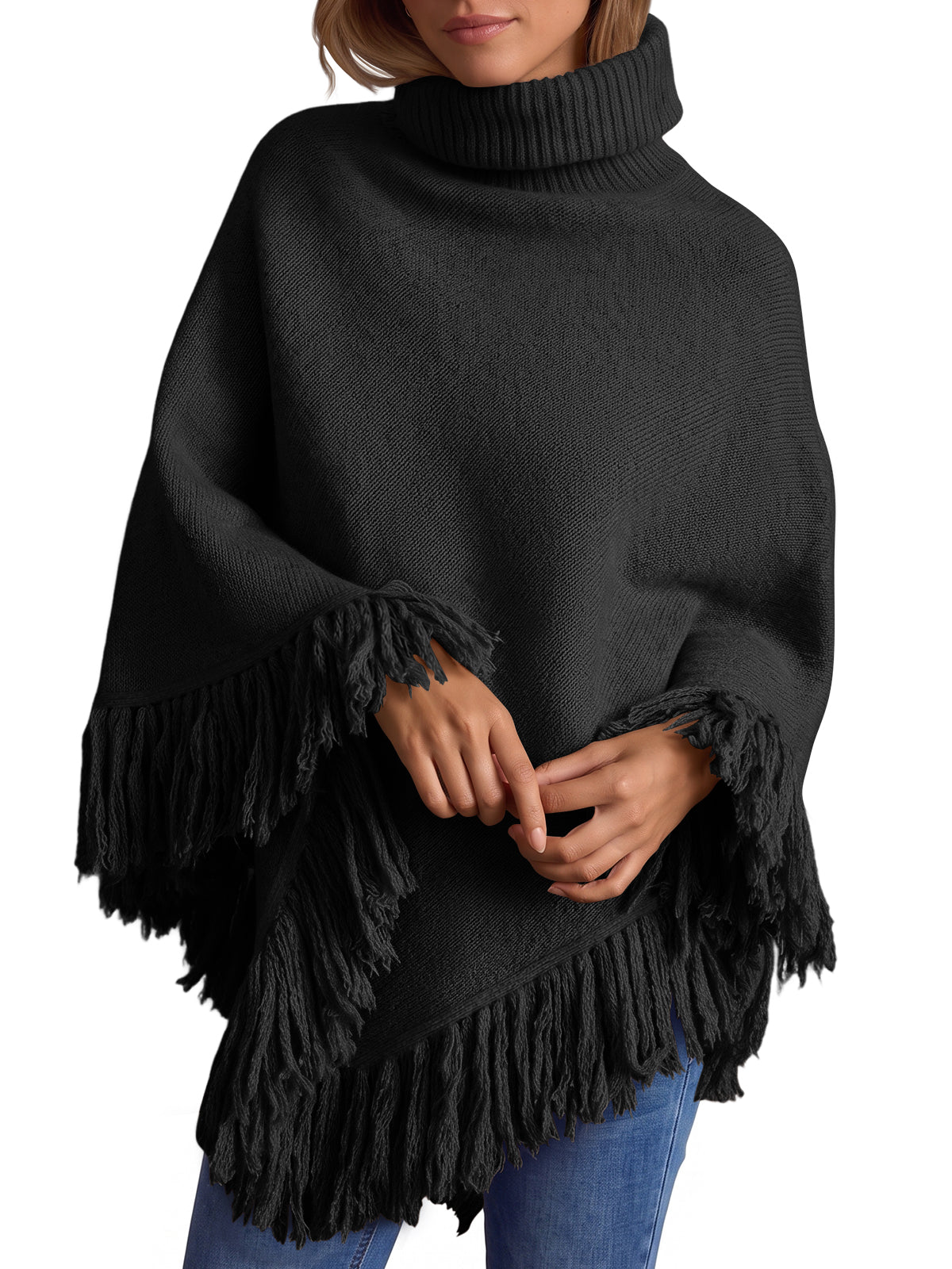 Saodimallsu Womens Fringe Turtleneck Poncho Sweater