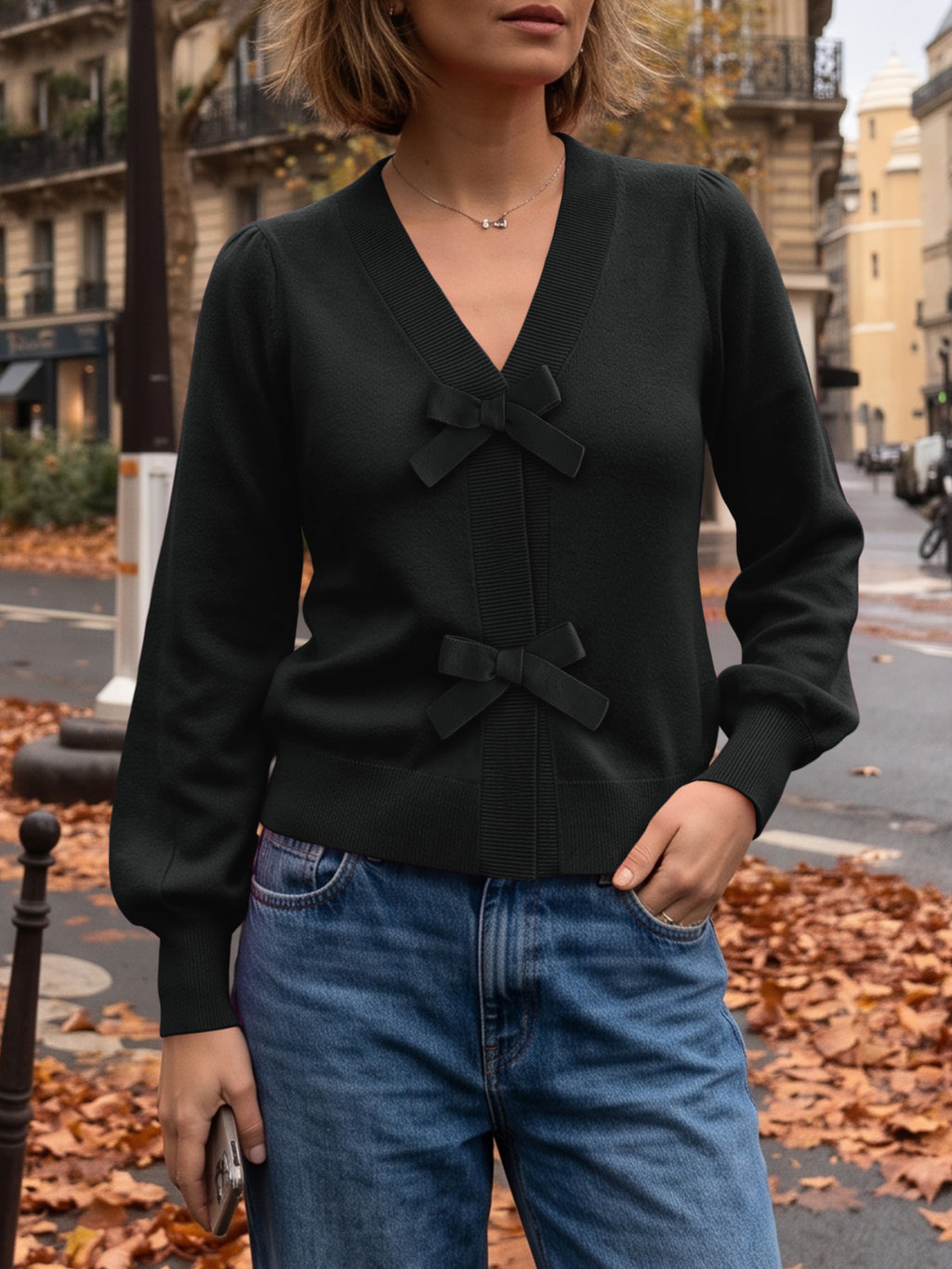 Saodimallsu Women V Neck Bow Knit Cardigan